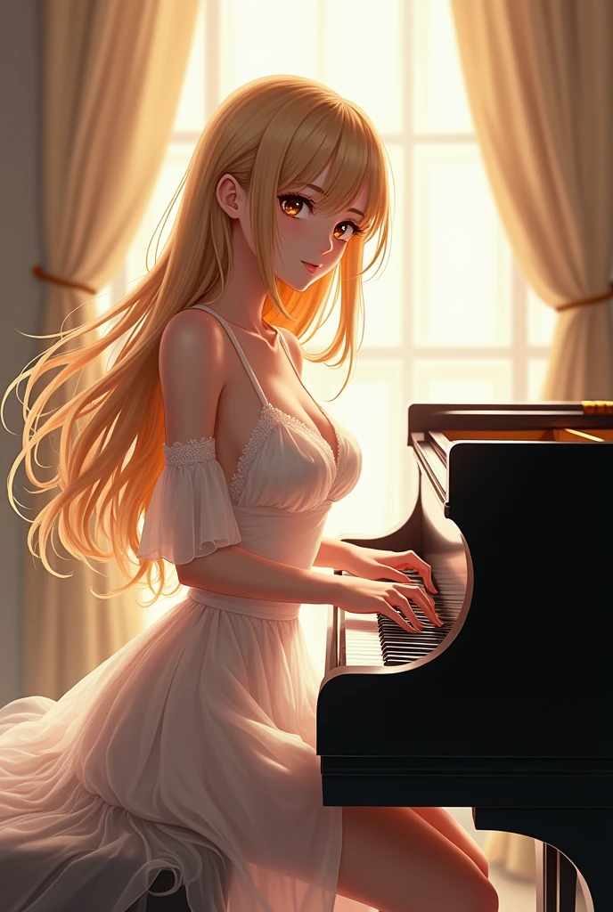 An anime girl with blonde hair and beautiful curves who plays the piano