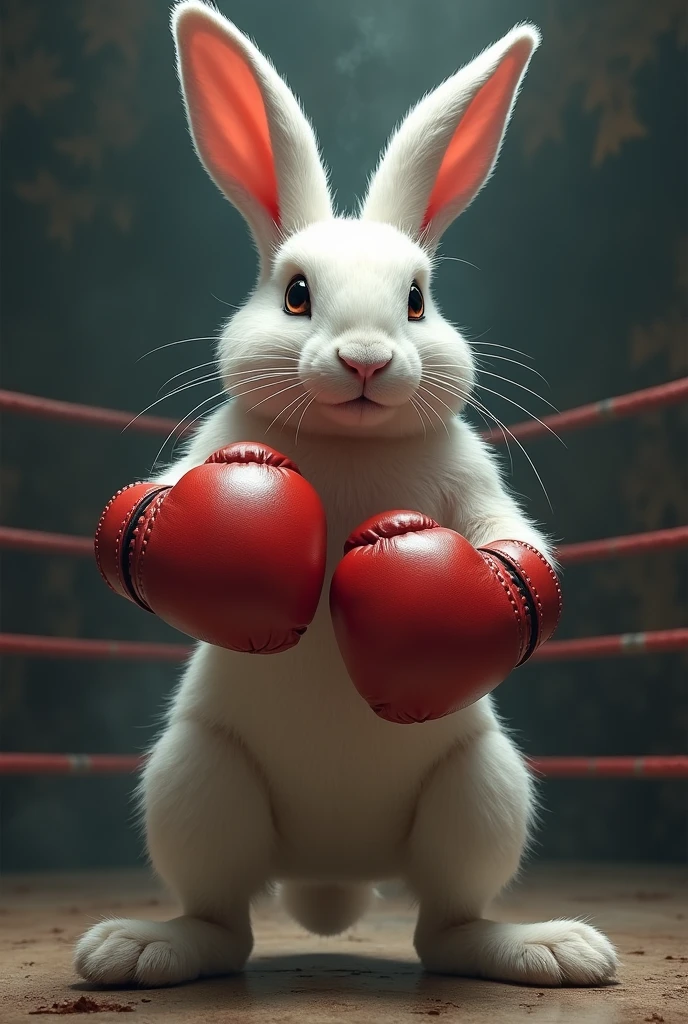 Create a white fighting rabbit with red boxing gloves