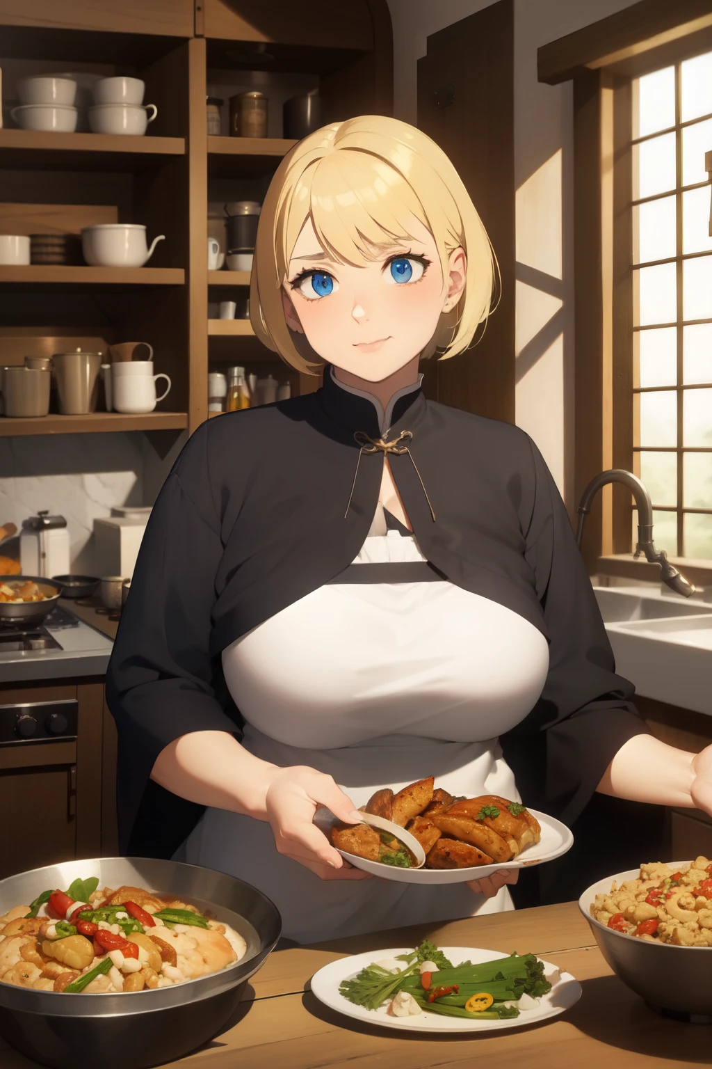 Dying from hunger, year 18, blonde hair, blue eyes, medieval, dark fantasy, a little bit chubby, peasant apparel, cooking