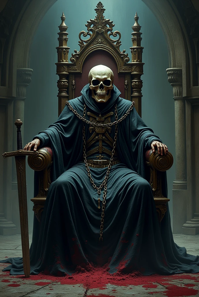 A skull chained to a throne with a sword at its side