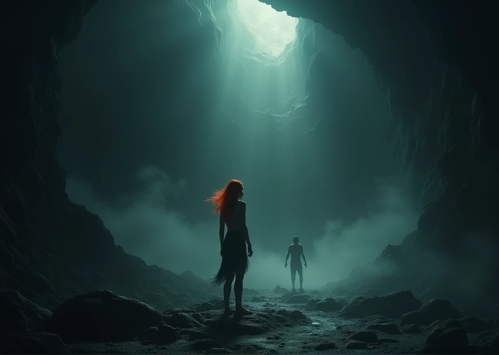 Redhead woman in a dark abyss with a person calling her in the background,bottom of an abyss