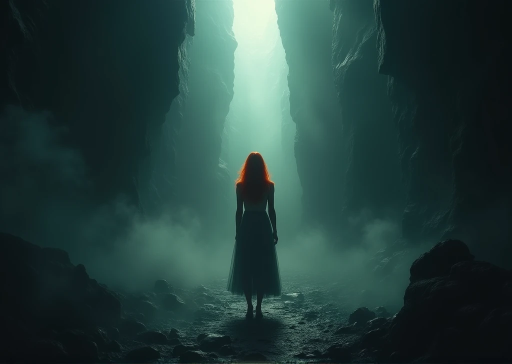 Redhead woman in a dark abyss with a person calling her in the background,bottom of an abyss
