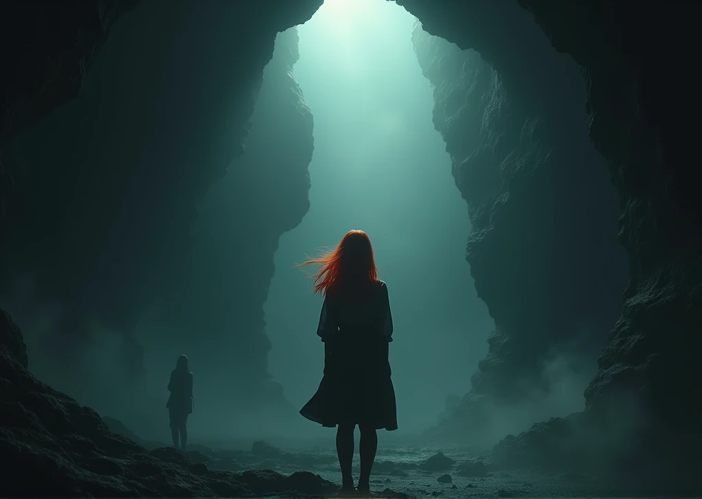 Redhead woman in a dark abyss with a person calling her in the background,bottom of an abyss