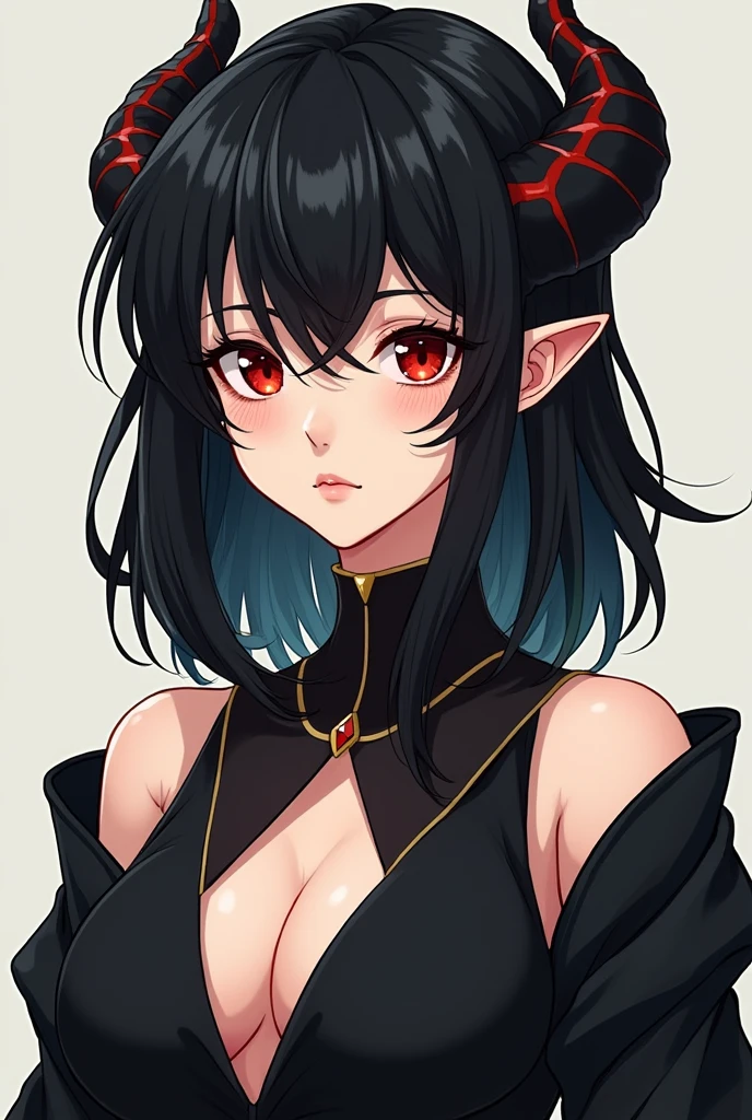 Create a full-length anime-style front-facing image of a slightly older gray tieflyn woman with red eyes and shoulder-length black hair
