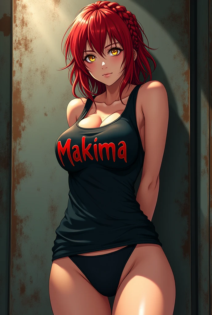 A beautiful Japanese girl, Makima from Chainsaw Man, red hair with a single braid, yellow eyes, wearing a black tank top with "Makima" written on it, black panties, arms behind back, giving a yakuza vibe, realistic, intricate details, hard colors, big breasts, cleavage
