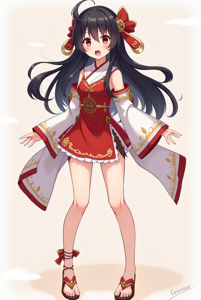 Hu Tao with a cute scared face, making sure her fukl legs are visible