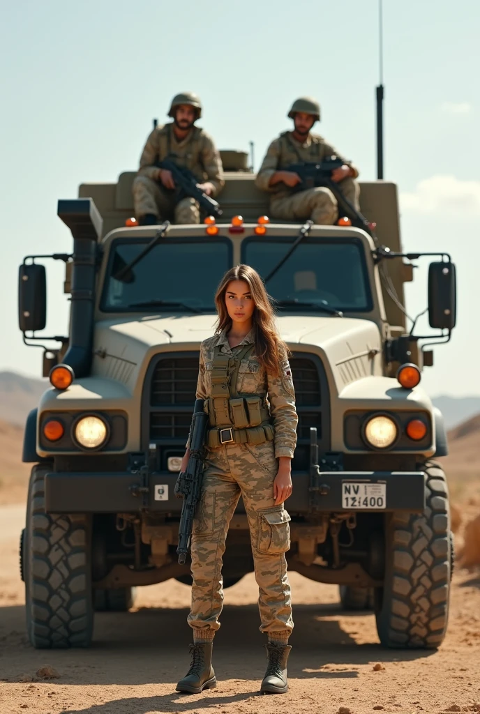 Alafed Truck with gun on back, Afghan militants, French special forces, Heavily armed, Taliban, Kurdish soldiers, Heavily armored, military vehicle, военное weapon, Military equipment, Truck, camouflage, special security forces, modern Military equipment, Carrying a rifle, weapon, mounted on the shoulder, gun posing in front of Truck A female soldier, ((masterpiece, top quality, Highest image quality, a high resolution, photorealistic, RAW photo, 8 K)), ((extremely detailed wallpaper CG unified 8k)), (Huge stunning goddess shot, Very hot and sexy, потрясающая beauty, perfect proportions, beautiful body, slender body, beauty:1.4),  riding cock of the another soldier