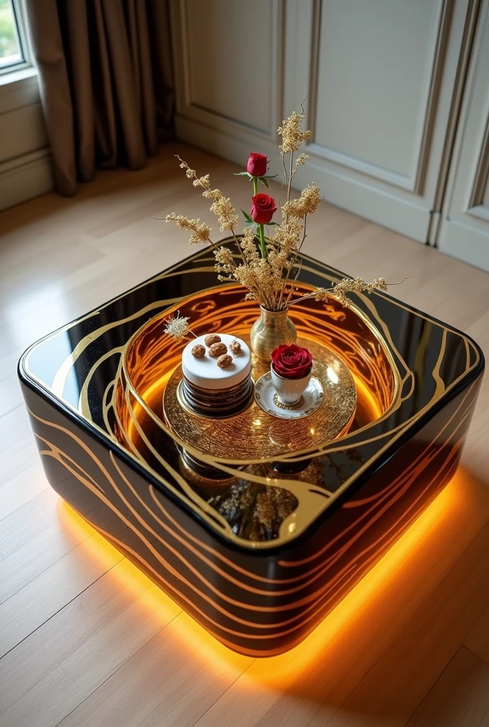 Small square coffee table, perfect for serving coffee, handcrafted with a two-way mirror glass top, creates a stunning visual effect resembling an endless deep tunnel, lit from within by warm orange LED lighting. The sides are covered in an epoxy layer interspersed with shiny gold stripes, giving a luxurious touch and a look that resembles flowing waves.. Gold stripes extend across the sides to complement the stunning artistic design.. The table is decorated with simple decorations such as golden swags, small flowers, a cake, nuts, a red rose, and a tea cup.. The table is placed on a light-coloured wooden floor, enhancing the contrast between modern design and classic luxury.. The table combines elegance and simplicity, making it a distinctive piece of art in any room or living room.