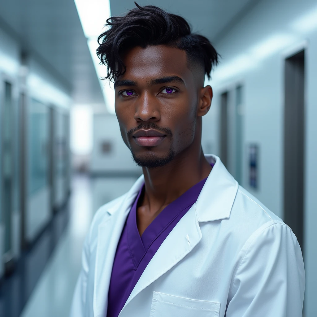 Photograph headshot, hair wavy side part, very tall French featured male model, shaved, toned body, ebony skin, vibrant purple eyes, tall thin toned body. Gentle smile expression. Doctor coat, dark purple shirt, modern sci-fi hospital office.
