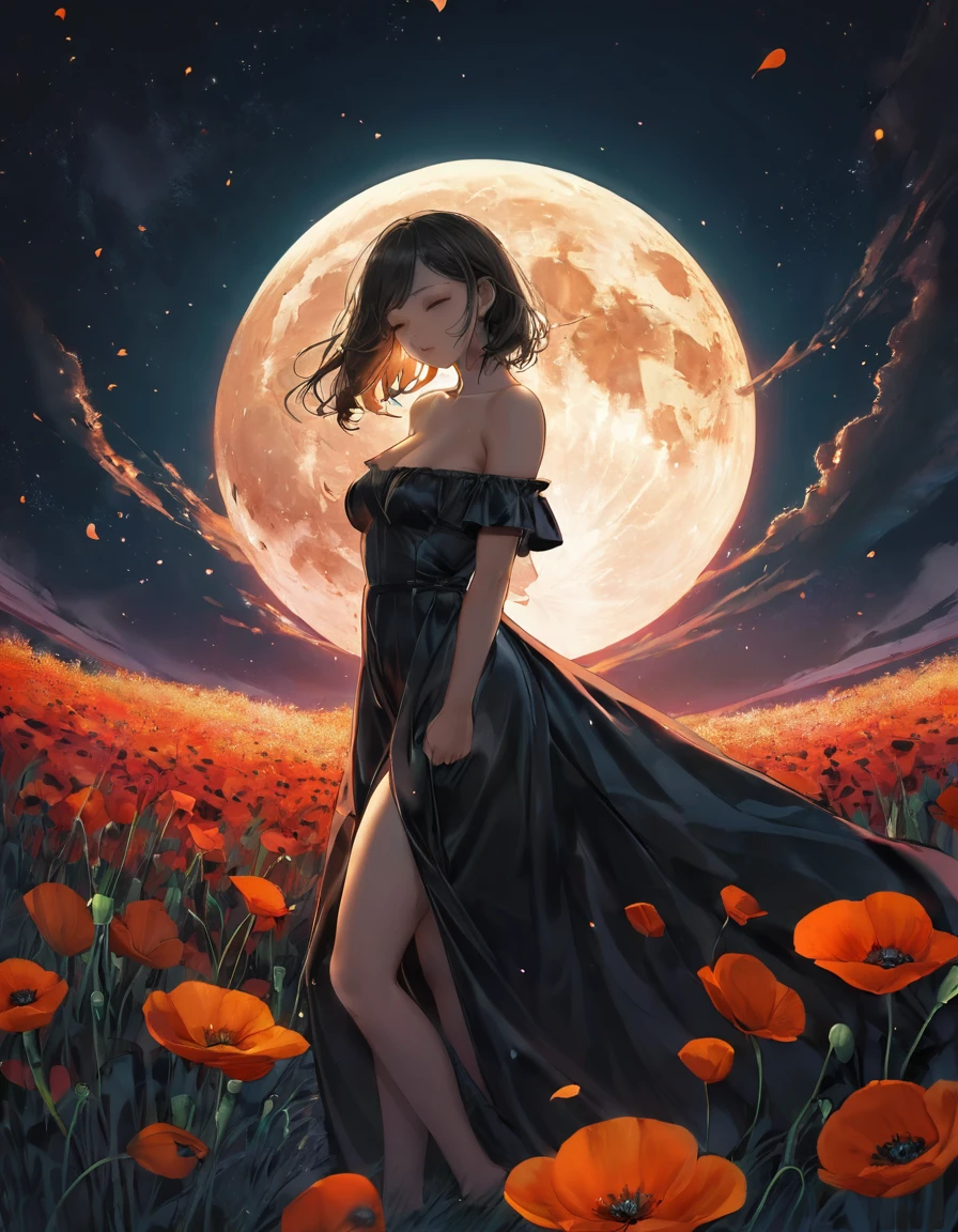 A digital illustration depicts a young woman standing in profile among a sea of vibrant black flowers, likely poppies, in a mystical field at night. The woman has short blonde, sexy Sensual seios empinados e durinhos decote dark hair that flows dramatically behind her, caught in a gentle breeze, creating a sense of movement and adding depth to the scene. She wears an off-the-shoulder, withe-gold pinkshock  dress adorned with intricate floral patterns featuring pink Neon and pink flowers, as well as small geometric designs. Her face is turned slightly upward, eyes closed, and lips slightly parted, exuding a serene and contemplative expression. The background features a massive, luminous full moon red dominating the upper center of the image, casting a warm, golden-orange glow across the scene. The moon's surface is highly detailed with visible craters and textures, creating a surreal and enchanting atmosphere. The sky surrounding the moon transitions from deep midnight blue to a reddish-black hue near the horizon, dotted with scattered stars. The foreground is filled with numerous bright red flowers with orange centers and delicate, paper-thin petals, their slender green stems and leaves visible. Some flowers appear to glow softly, enhancing the magical quality of the scene. Behind the flowers, tall, golden wheat-like stalks add depth and texture to the midground. The overall composition is centered on the woman, with the moon providing dramatic backlighting that highlights her silhouette. The color palette is dominated by deep reds, vibrant oranges, charcoal blacks, and warm yellows, creating a high-contrast, low-luminance scene with rich saturation. The lighting is soft and diffused, emphasizing the ethereal quality of the moment and contributing to the surreal, dream-like quality of the illustration.