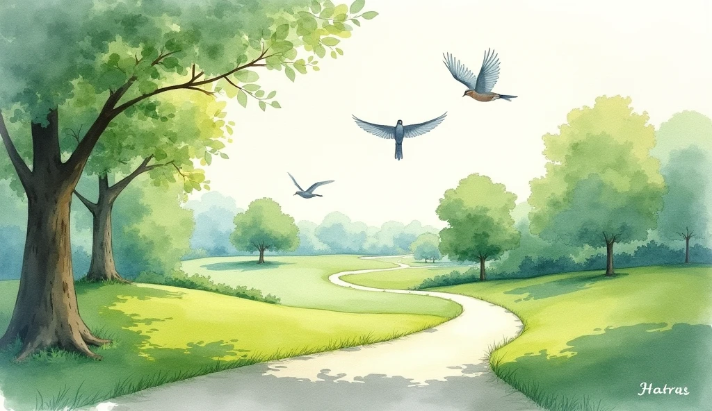 watercolor painting of a park with birds as if it were a painting
