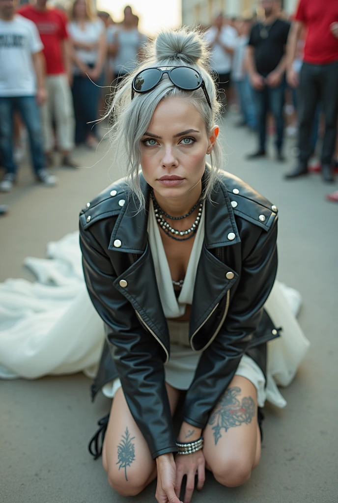 russian old milf woman, grey hair (top bun, shaved sides) and oversize sunglasses as headband, with very light blue eyes, extremely pale. Wearing studded cropped black moto jacket and white wedding dress . Lots of metallic bracelets and collars. Kneeling like in a payer, looking at the camera, humble facial expression. Hands on her knees,  knees separated.  thin neck, slim legs and thin arms. Tattoed heavily.  A lot of people around looking at her