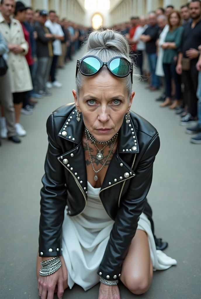 russian old milf woman, grey hair (top bun, shaved sides) and oversize sunglasses as headband, with very light blue eyes, extremely pale. Wearing studded cropped black moto jacket and white wedding dress . Lots of metallic bracelets and collars. Kneeling like in a payer, looking at the camera, humble facial expression. Hands on her knees,  knees separated.  thin neck, slim legs and thin arms. Tattoed heavily.  A lot of people around looking at her