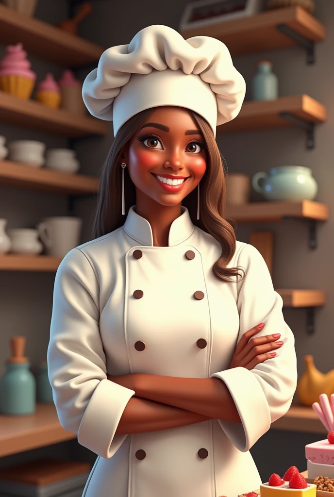A BLACK Brazilian woman, of straight light brown hair, with a pastry hat, pastry chef's coat, Grinning