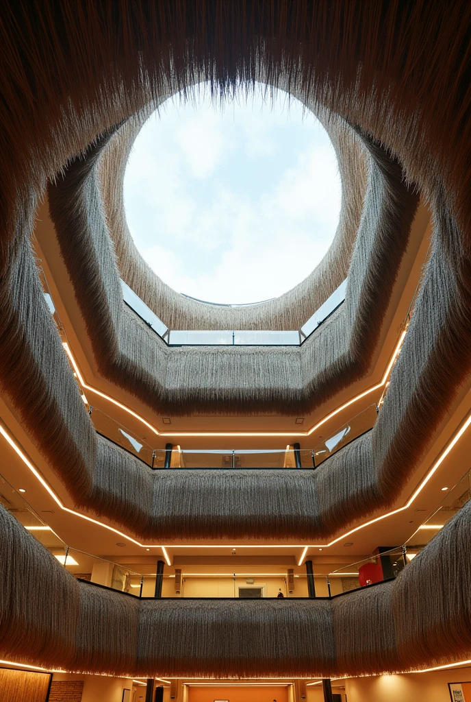Circular polycarbonate skylight in a quadruple-height square-shaped structure in a thatched-roof hospital.



