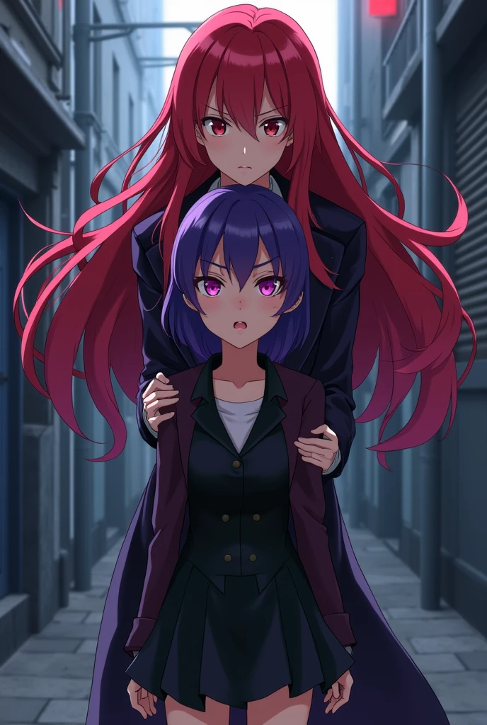 Anime character woman with long red hair and red eyes dressed as a detective helping a purple-haired girl in a black dress.
