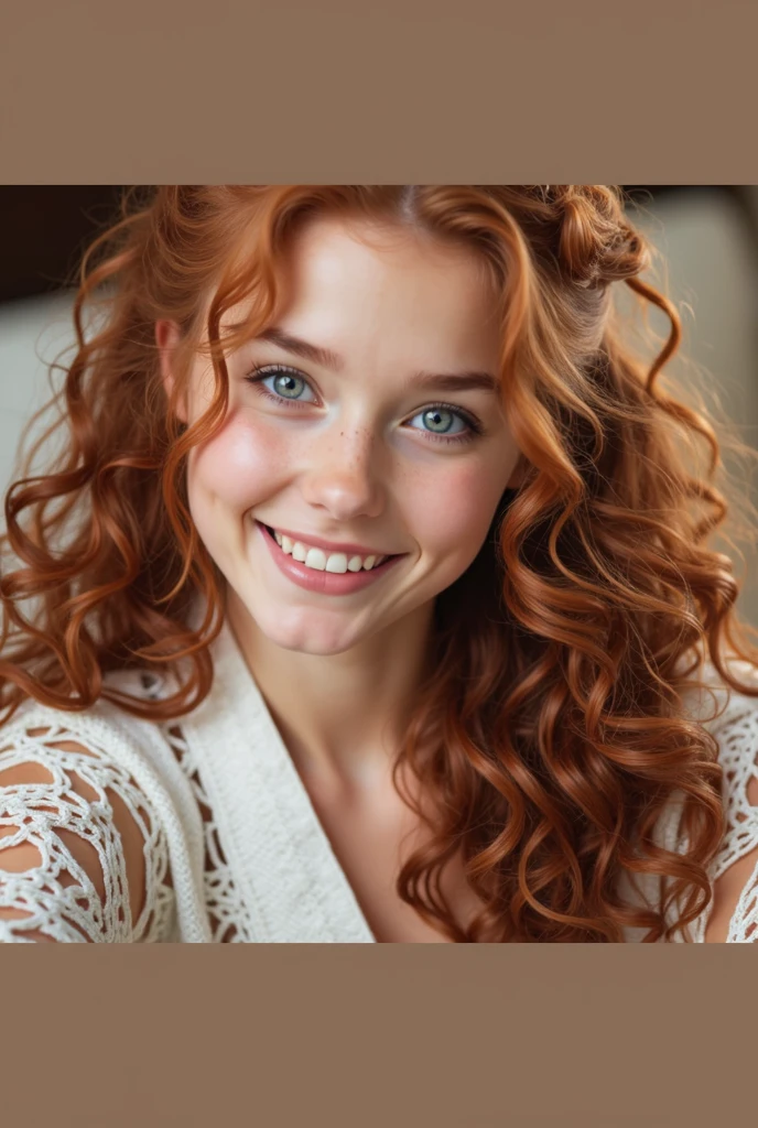 Beautiful teenager, masterpiece, very cute, huge breasts, redhead, smile, wearing wool, perfect body, global light, ponytail, full body, blue eyes, natural skin texture, sharp focus, colors in harmony, natural lighting, 4 K, intricate details, ultraHD, slightly curly messy hair