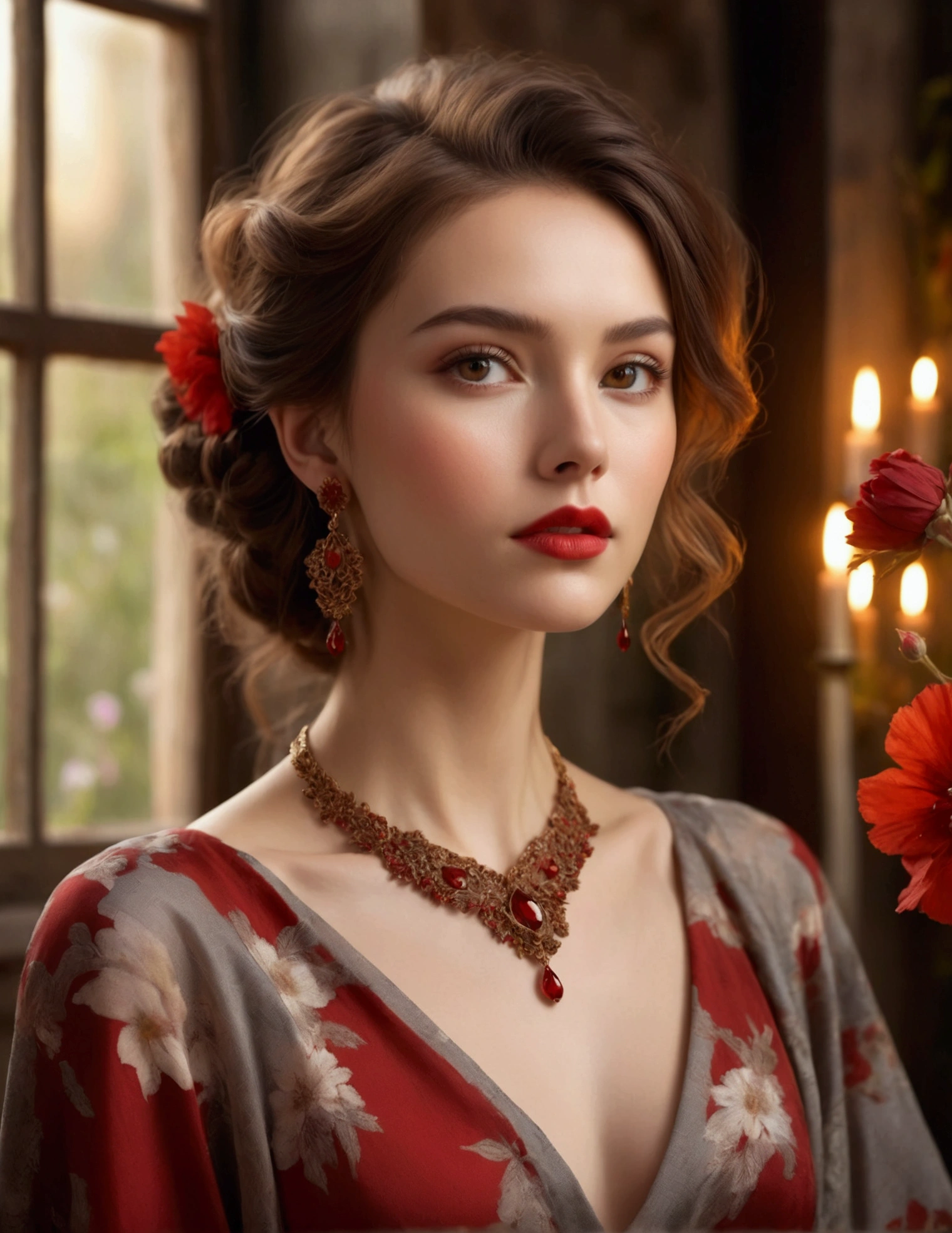 Beautiful realistic woman, detailed face, crystal clear amber eyes, red lipstick, brown hair, loosely flowing, red dried flower in her hair, delicate earrings and necklace, tai dai printed fabric dress
bright, depleted and falling into the arms, sensation of movement, dark chiaro lighting, old material house background, flowers in the window and blurred garden, alcohol paint, a masterpiece.