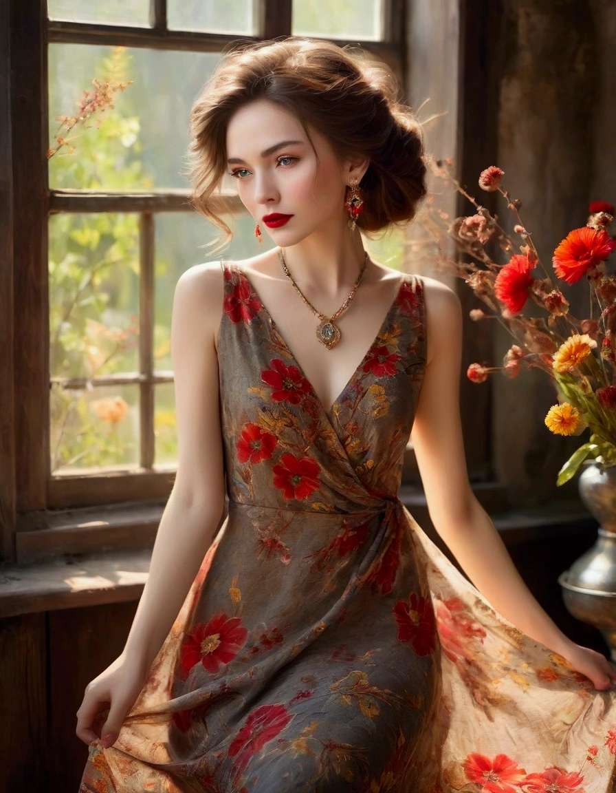 Beautiful realistic woman, detailed face, crystal clear amber eyes, red lipstick, brown hair, loosely flowing, red dried flower in her hair, delicate earrings and necklace, tai dai printed fabric dress 
 bright, depleted and falling into the arms, sensation of movement, dark chiaro lighting, old material house background, flowers in the window and blurred garden, alcohol paint, a masterpiece.