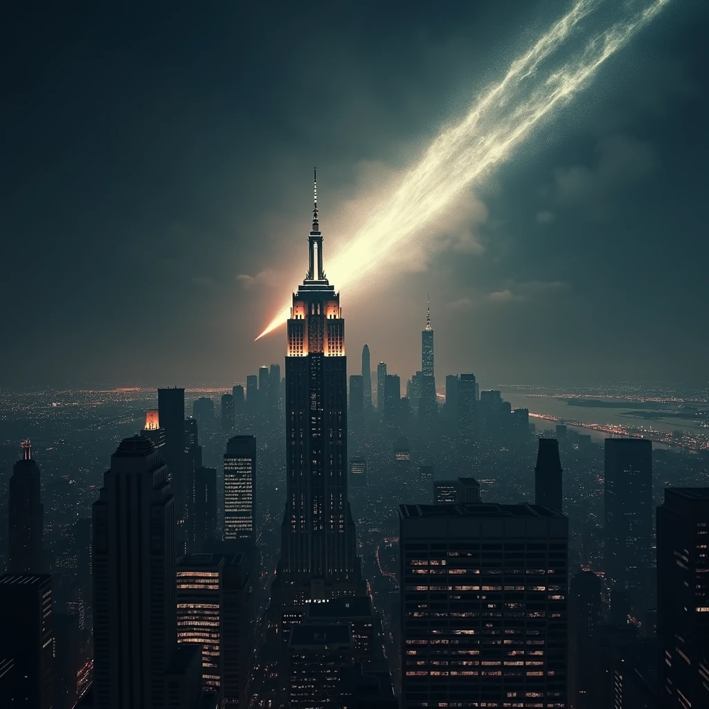 (photorealism:1.2) , new-york posé sur la queue de la comète de haley dans le ciel