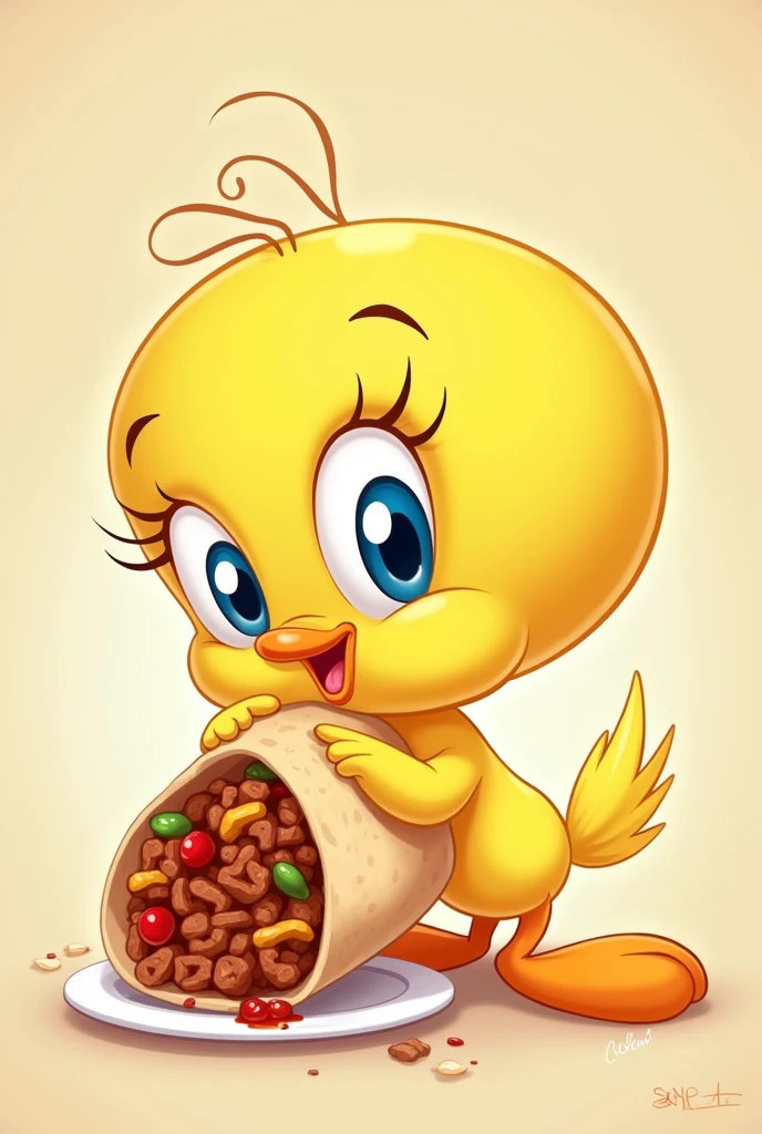 Create a cartoon image of a cute yellow Tweety bird eating a carne asada burrito