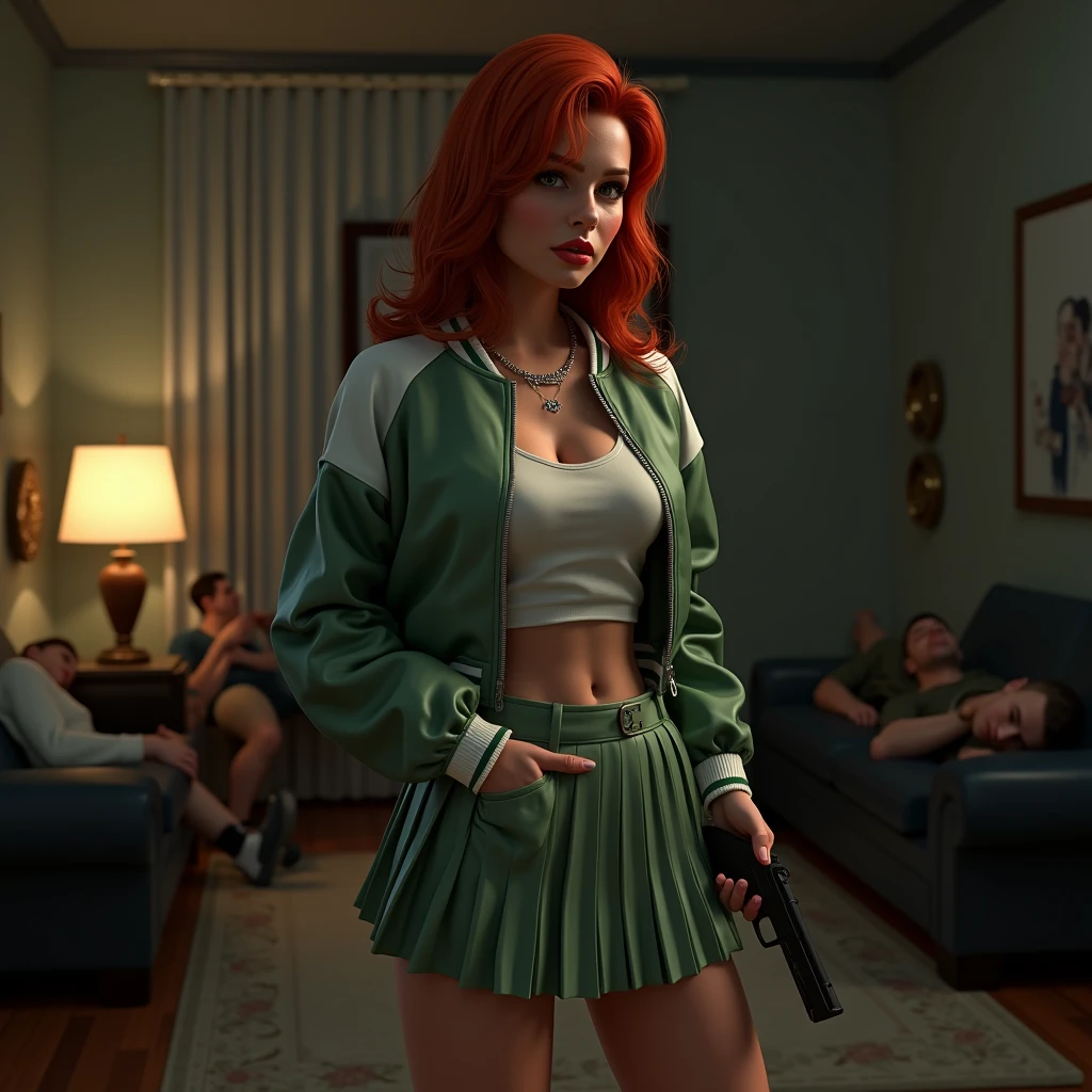 wide depth of field, wide depth of focus, f/11 lens setting, all objects in focus, woman with pistol, holding glock pistol, living room background at night, full body image, sage green and white short cropped soft shiny satin bomber jacket,  zipped up jacket, pleated shiny satin mini skirt, redhead woman posing with a pistol ,，pistol in one hand, pure form, intricate details, 8K post-production, high resolution, super detailed, Popular topics on Artstation,, Studio photos, intricate details, Very detailed, several unconscious men lay on the floor in the background