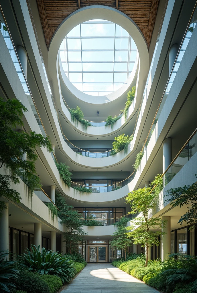 Circular polycarbonate skylight in a quadruple-height square-shaped structure in a hospital with a thatched upper roof.



