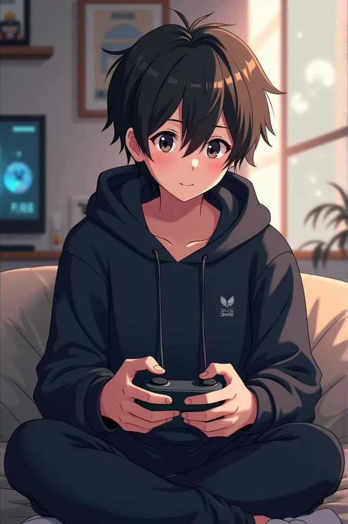 Sleepy anime and gaming fan in black sweatshirt