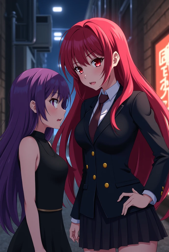 Anime character woman with long red hair and red eyes dressed as a detective helping a purple-haired girl in a black dress.