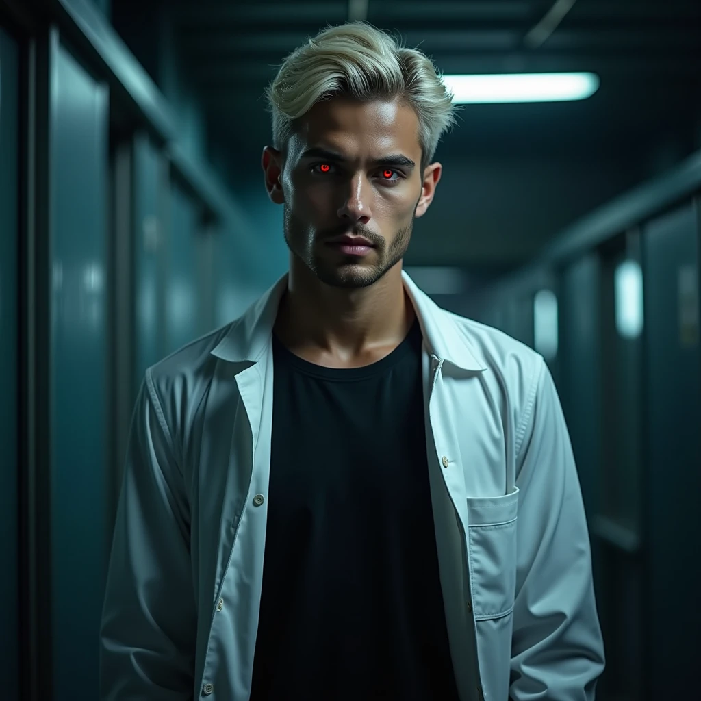Photograph headshot, very tall attractive young Middle Eastern-Arab-Egyptian featured male, hair short platinum blond wavy swept back, 5 o'clock shadow, lithe body, brown skin, dark red eyes, tall toned body. Professional expression. Lab coat, black t-shirt, dim fluorescent lighting, foreboding facility.