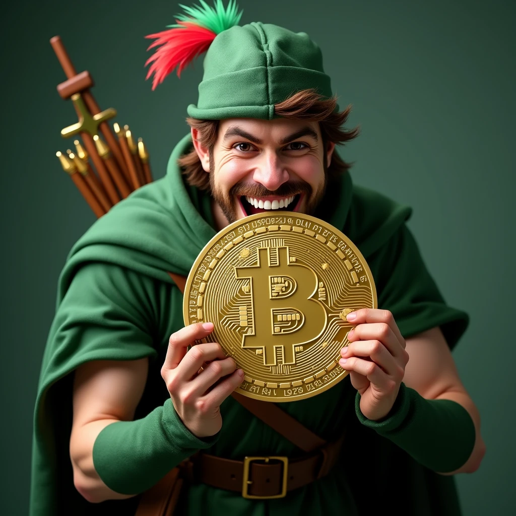 Smiling and biting big Crypto coin adult Robin Hood looking to the camera in studio with name dragon