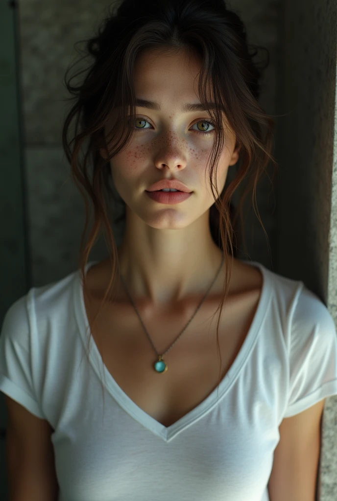 (masterpiece, photorealistic:1.4, extremely intricate:1.3, radiosity, photon mapping, dtx, 8K), ((((closeup necklace, white t-shirt, humid, [medium breasts:large breasts:0.8])), humid, [skin detail:freckles:0.7], natural, 19 year teenage supermodel), dark room, ((stone shower, glass shower, clean)))
