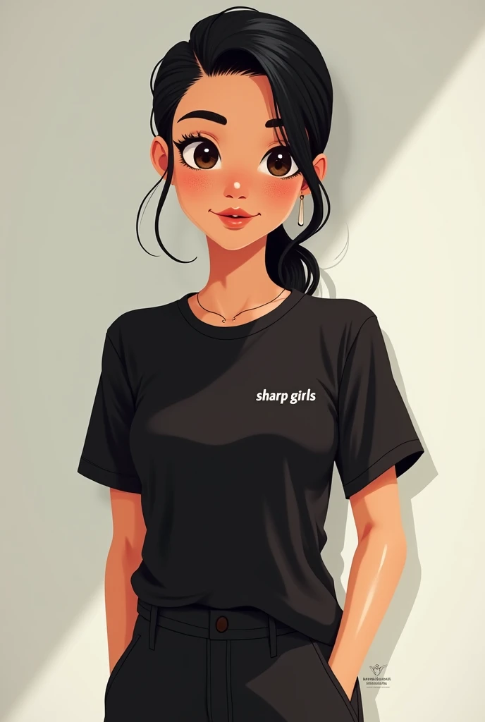 Cute female avatar, with black hair, slickedback hair, freckles on the face, plain black sleeve t-shirt, and the name SHARP GIRLS in small on the side of the shirt on the chest, brown mouth,