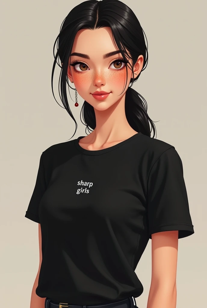 Cute female avatar,  with black hair, slickedback hair, freckles on the face, plain black sleeve t-shirt, and the name SHARP GIRLS in small on the side of the shirt on the chest, brown mouth, 