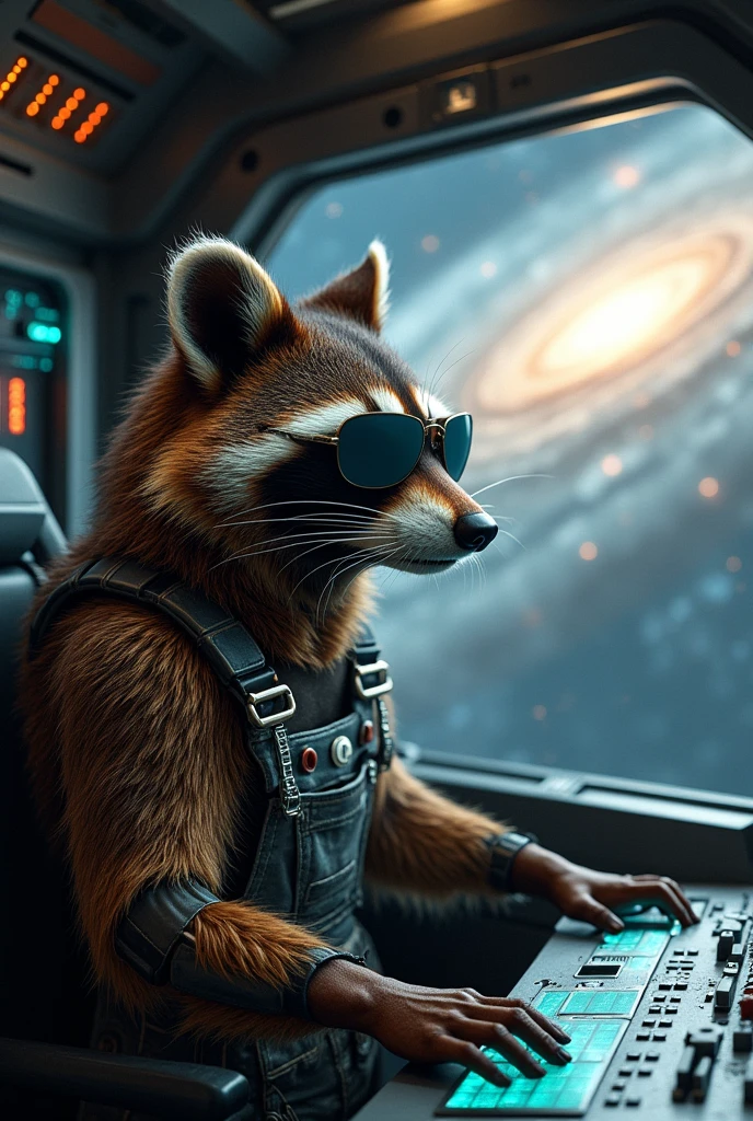 Realistic Cyber Raccoon, dressed in overalls without helmet, with sunglasses, driving and aboard a spaceship, in the cosmos near a galaxy.