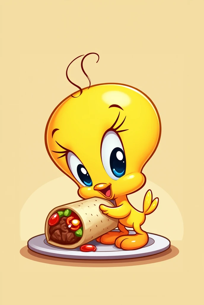 Create a cartoon image of a cute yellow Tweety bird eating a carne asada burrito