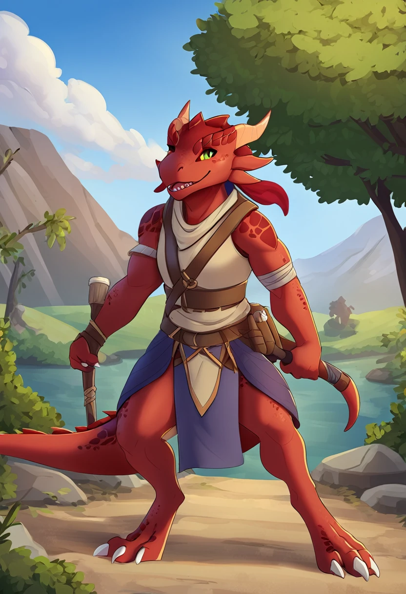 Anthropomorphic, red dragonborn, open air, adventurer's outfit that covers the entire body, illustrative art, open plan, red scales, red skinned , greeneyes, cloth backpack on the back, sword in the waist, 1 tail, 8k, high resolution.