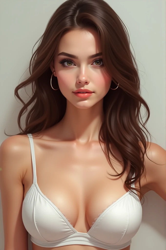 [description du personnage] femme jeune, 20ans, brune, cheveux long, grande poitrine, soutien-gorge blanc, photo réel, bonne qualité, très bonne qualité 