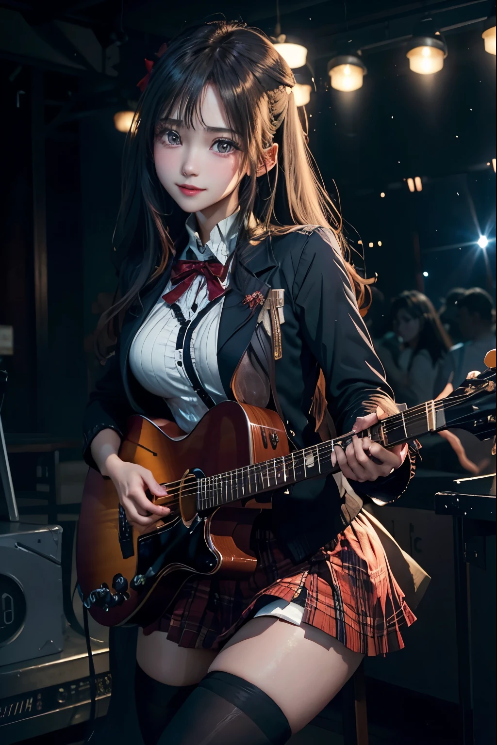 High school girl blazer、uniform、Red checked knee-length skirt、Long skirt、JK Style、Jacket、smile、Knee-high socks、Thigh-high socks、pantyhose、Extremely beautiful、Super cute、ennui、Rare Beauty、Dark black eyeshadow、sad、Skin radiance、Long Hair Straight Hair、Dark Gothic Makeup、Dark Smile、Fragrant beauty、Stained glass background、masterpiece、Highest quality、See 5 books、Sweat glistening on my chest、Sweat glistening on the face、Small breasts、2、Slightly slim、Mysterious look、Sad look、Mysterious Gothic Church、enchanting castle、Excessive sweating all over the body、Thighsに大量の汗と光、光沢のあるThighs、Thighs、Thighsに大量の汗が光る、sweat profusely、Gal、Small breasts、Japanese face、Captivating look、細いThighs、play the guitar、I have a guitar、Enthusiastic singing、バンドでplay the guitar、Playing guitar chords、Background of the live music venue、Sing a song、Open your mouth、Scenery of a live music venue、Mike stand、Glamorous live stage、Dynamic Angles、Vivid straight long hair、delicate straight hair、