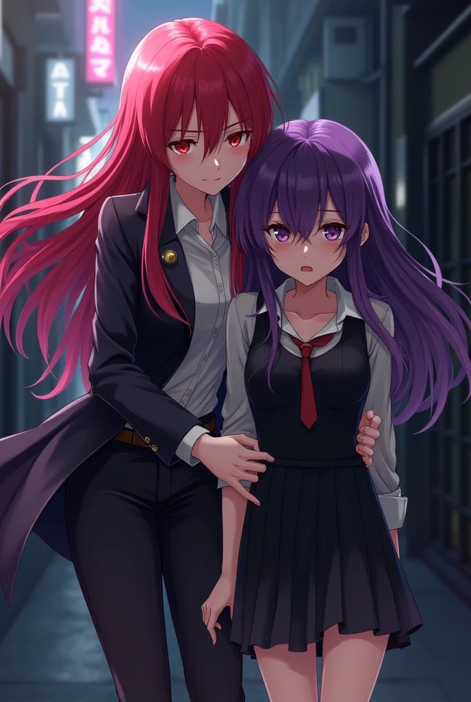 Anime character woman with long red hair and red eyes dressed as a detective helping a purple-haired girl in a black dress.
