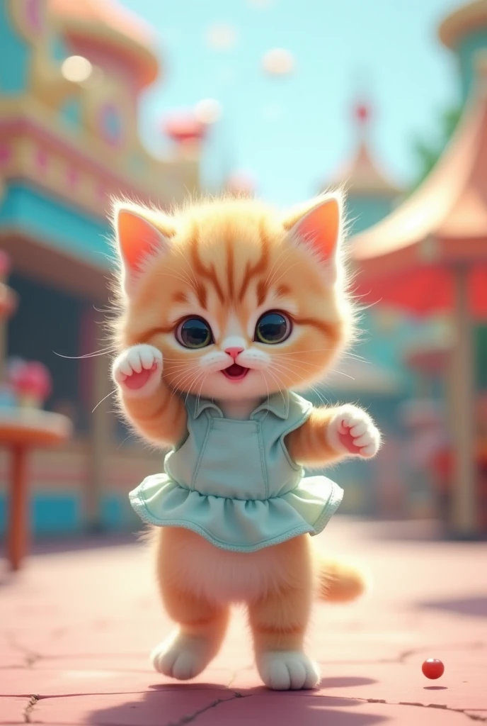 A small kitten stands on its hind legs,The cutest kitten I've ever seen,Adorable appearance!!!,
Cute amusement park background,He dances,
She is wearing a light blue outfit that looks like something a cute idol would wear.