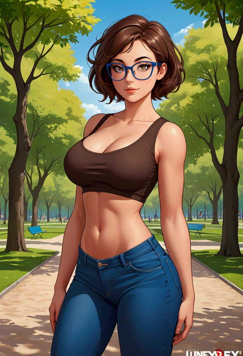 20 years old woman, Short brown hair, Mediterranean with blue eyes, Generous and heavy , slender waist, estomac defini, fesses ies et pulpeuses, naturally curved, muscular thighs, aguicheuse, lunettes, air joyeux, jean, teeshirt, in a park