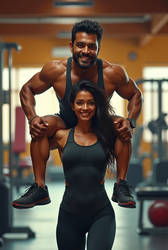 a smiling and beautiful indian indian actress in gym outfit carrying a large chubby man on her shoulders in a gym, man is sitting on top of her shoulders , man on top, woman at bottom