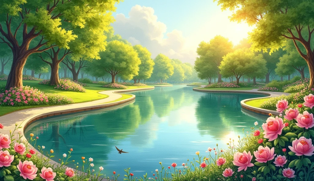 watercolor painting of a park with lakes ,flowers well lit by the sun as if it were painting