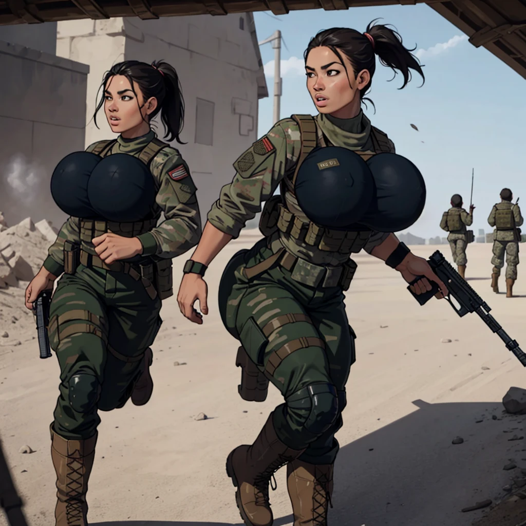 group of female soldiers, war photography, (cinematic lighting:1.1), highest quality, photo of (group of fully dressed really tanned 20yo sexy muscular female army special forces with taut clothing military top, ponytail hair, running holding a rifle), (bouncing breasts, motion lines, motion blur), too tight military shirt, medium_boltedontits, perfectly round breasts, breast implants, unaligned breasts, perfect face, parted lips, dumb expression, (wearing military Combat uniform, battlepack, boots:1.2), athletic body, on the battlefield, fake tits, bootsnutes