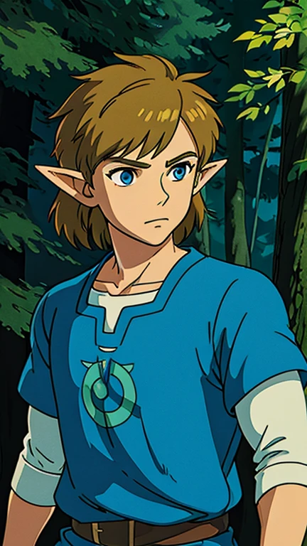 (1boy, solo, link), (extremely detailed CG unit 8k wallpaper),(master part), (best quality), (ultra detail), (best illustration),(ghibli style), cowboy shot, (Sharp eyeliner, ombre, detailed eyes:1), forest, outdoors background, ,break,  (GHIBLI_Background), upper body, blue eyes, blue tunic, leaf, light brown hair, looking at viewer, male focus, pointy ears, 