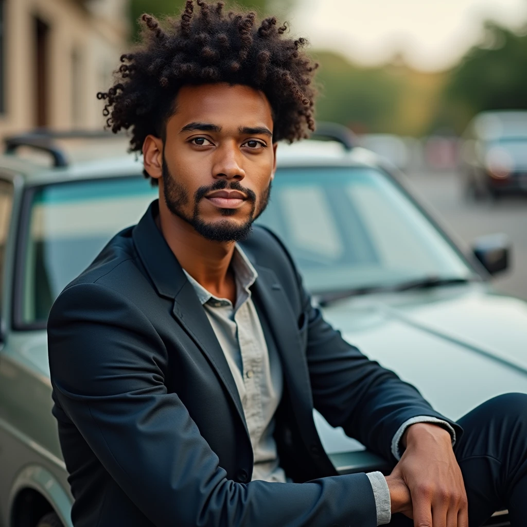 A BROWN MAN, An 18-year-old face, Brazilian businessman leaning on a not very expensive current car, but with style, curly hair coiled NOT TOO big (make the photo realistic)