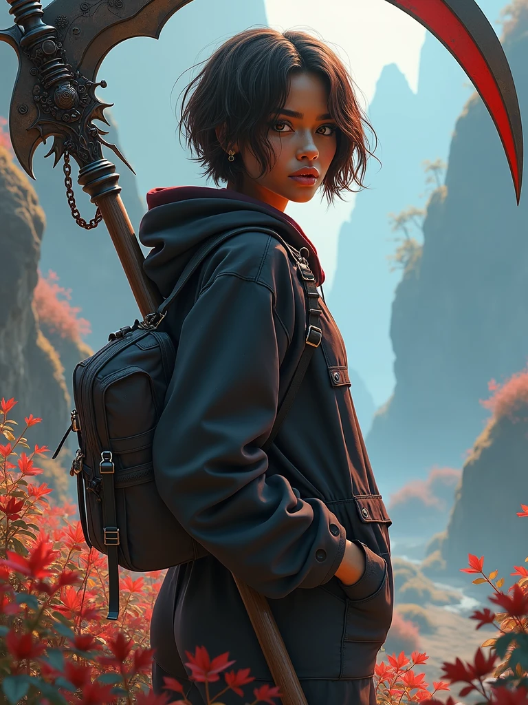 A reaper girl, 2, brown short hair, 8k, highest quality, fantasy, vibrant colors, futuristic, brown skin, beautiful casual clothes, carrying a scythe