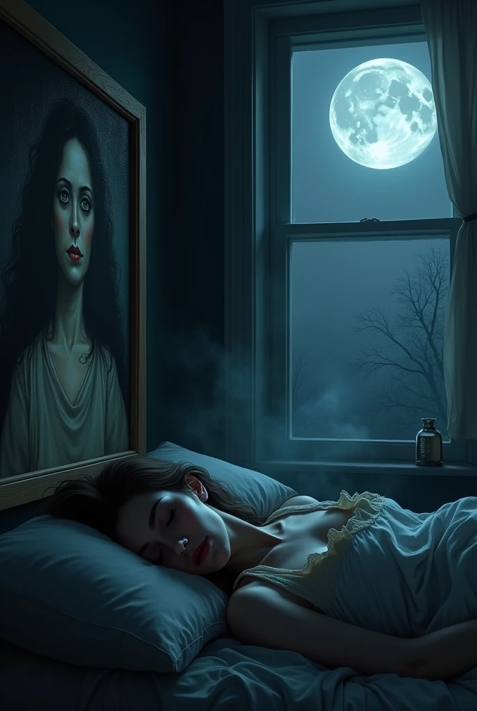 Woman sleeping in a dark room with a painting behind her head in which a cursed woman appears and through the window she looks at the full moon