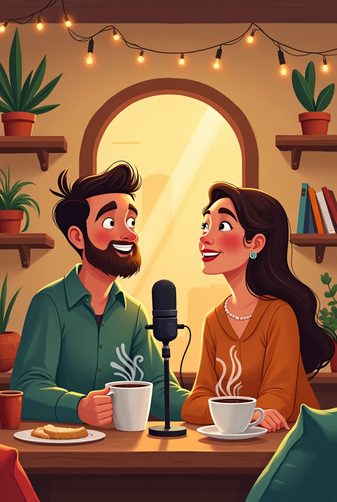 Cartoon of a couple who make a podcast called Café y Canela